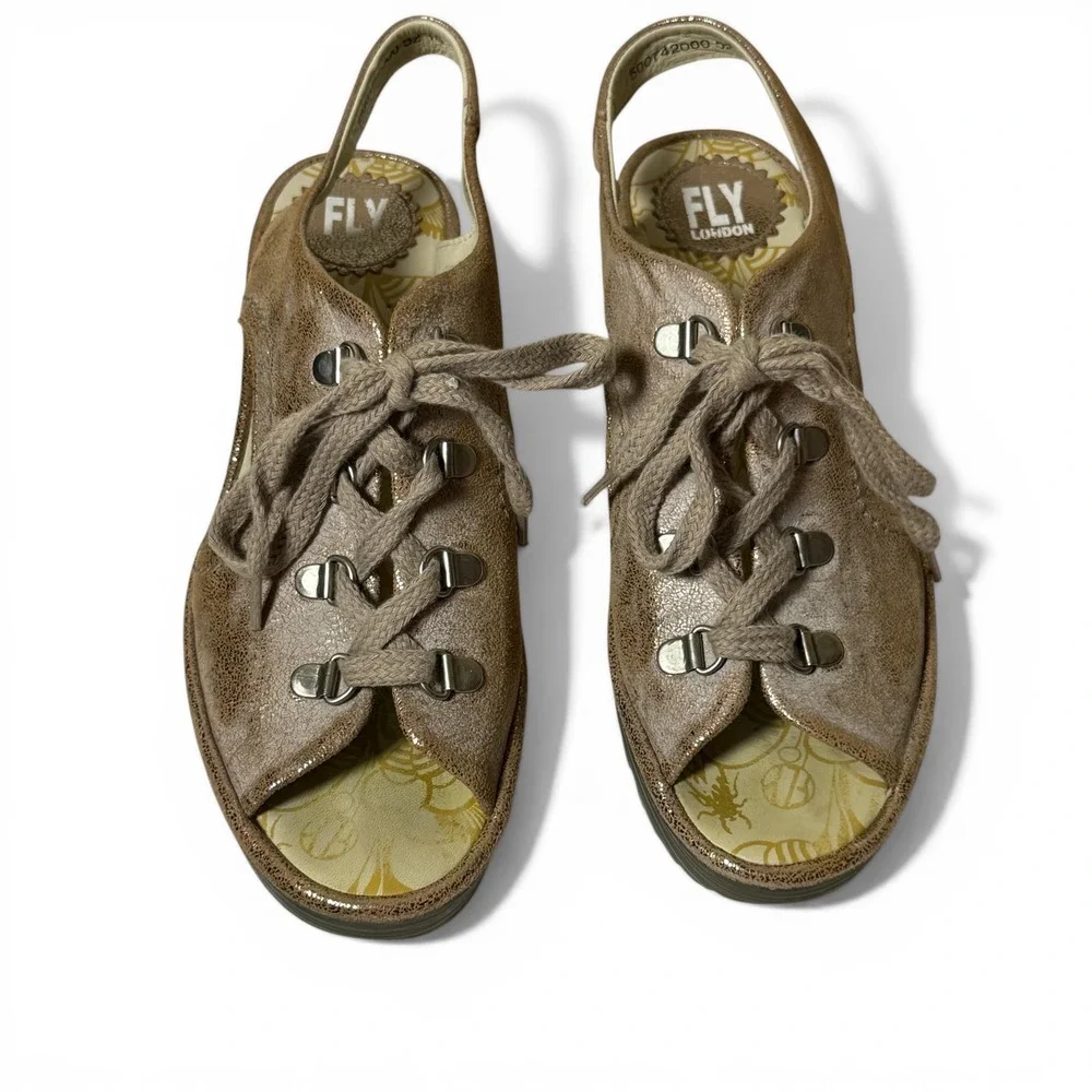 FLY LONDON Ylva Metallic Distressed‎ Leather Wedge Sandals Lace Up EU 40 Size 9